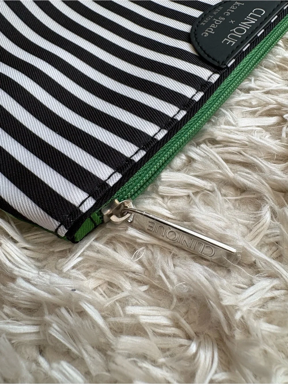 kate spade Black and White Striped Green Polka Dot Pattern Cosmetic Pouch Makeup